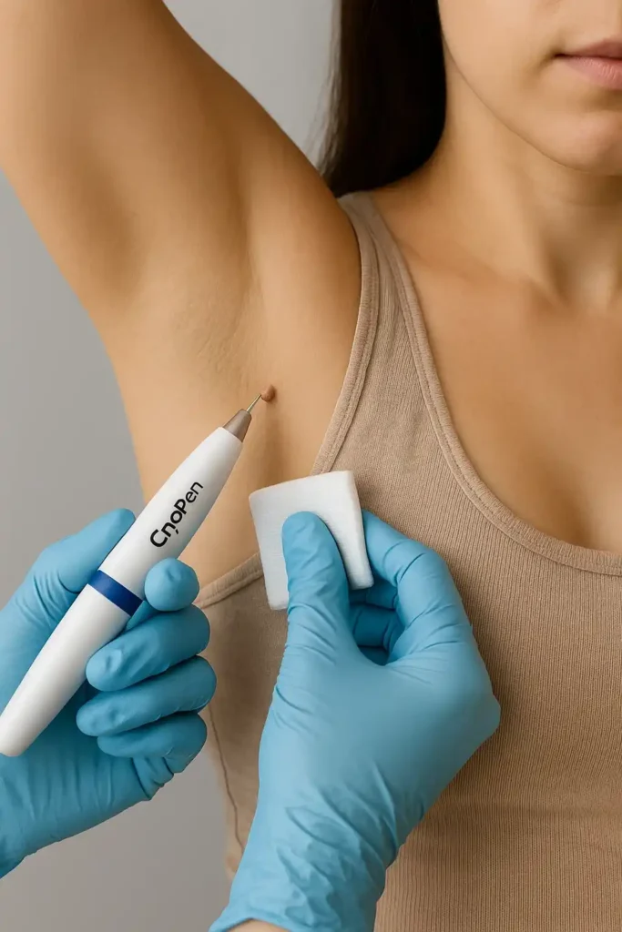 woman having cryopen to remove underarm skin tags Edinburgh