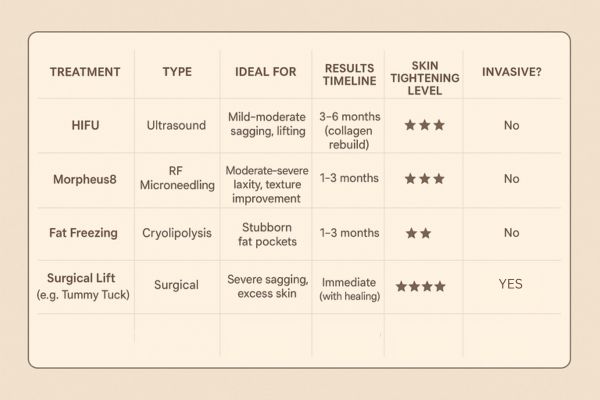 Table showing the comparisons of Skin tightening Edinburgh treatment options.